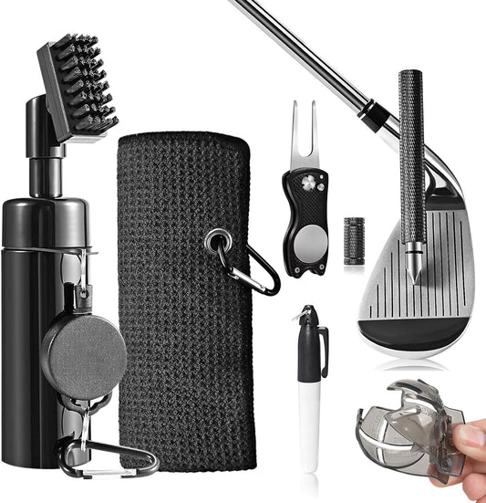Golf Club Cleaning Kit,Golf Accessories,Golf Cleaning Kit with Golf Club Cleaner Water Brush,Towel,Divot Repair Tool,Groove Sharpener,Golf Ball Alignment Complete Golf Kit