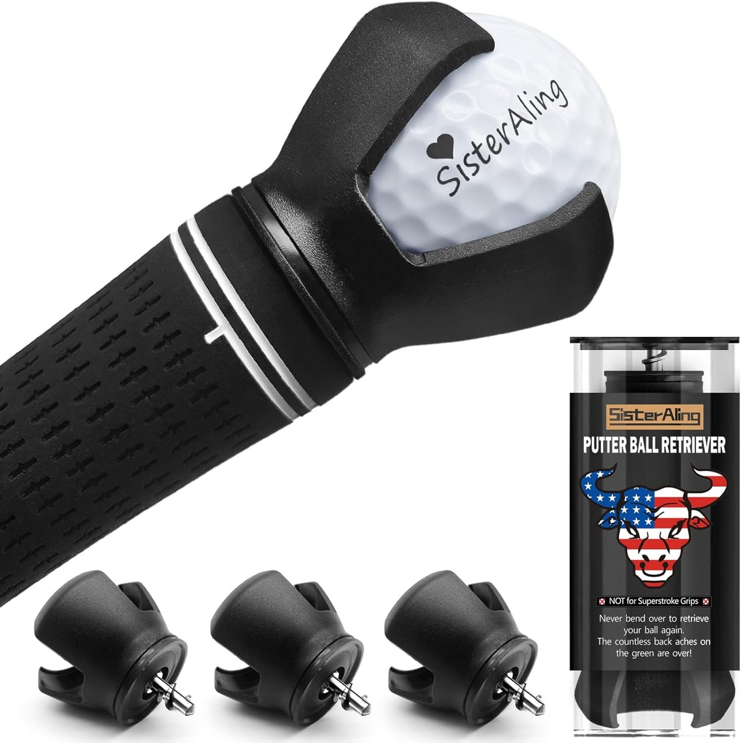 3-Prong Golf Ball Retriever Grabber Pick Up,Back Saver Claw Put on Putter Grip,Suction Cup Ball Grabber,Sucker for Golf Screws Tool