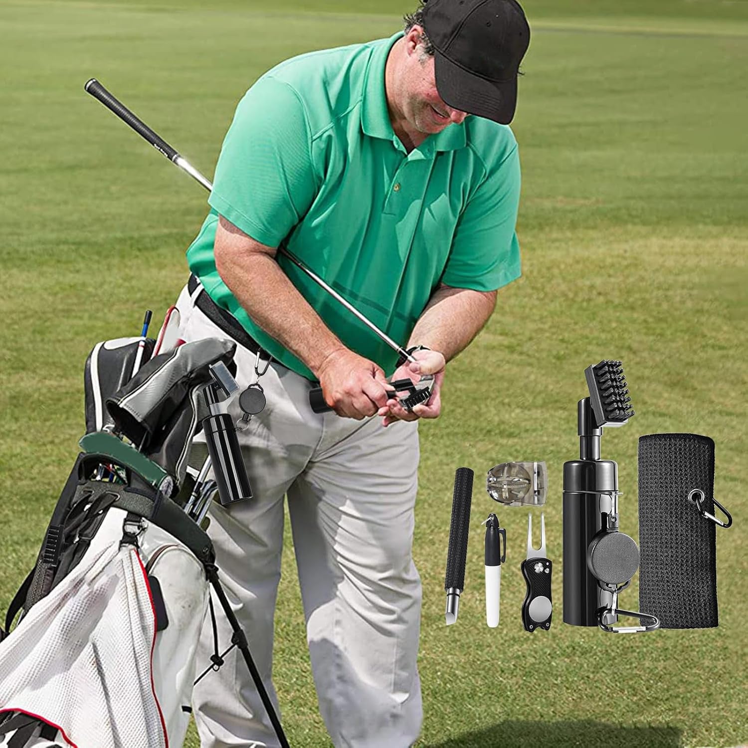 Golf Club Cleaning Kit,Golf Accessories,Golf Cleaning Kit with Golf Club Cleaner Water Brush,Towel,Divot Repair Tool,Groove Sharpener,Golf Ball Alignment Complete Golf Kit